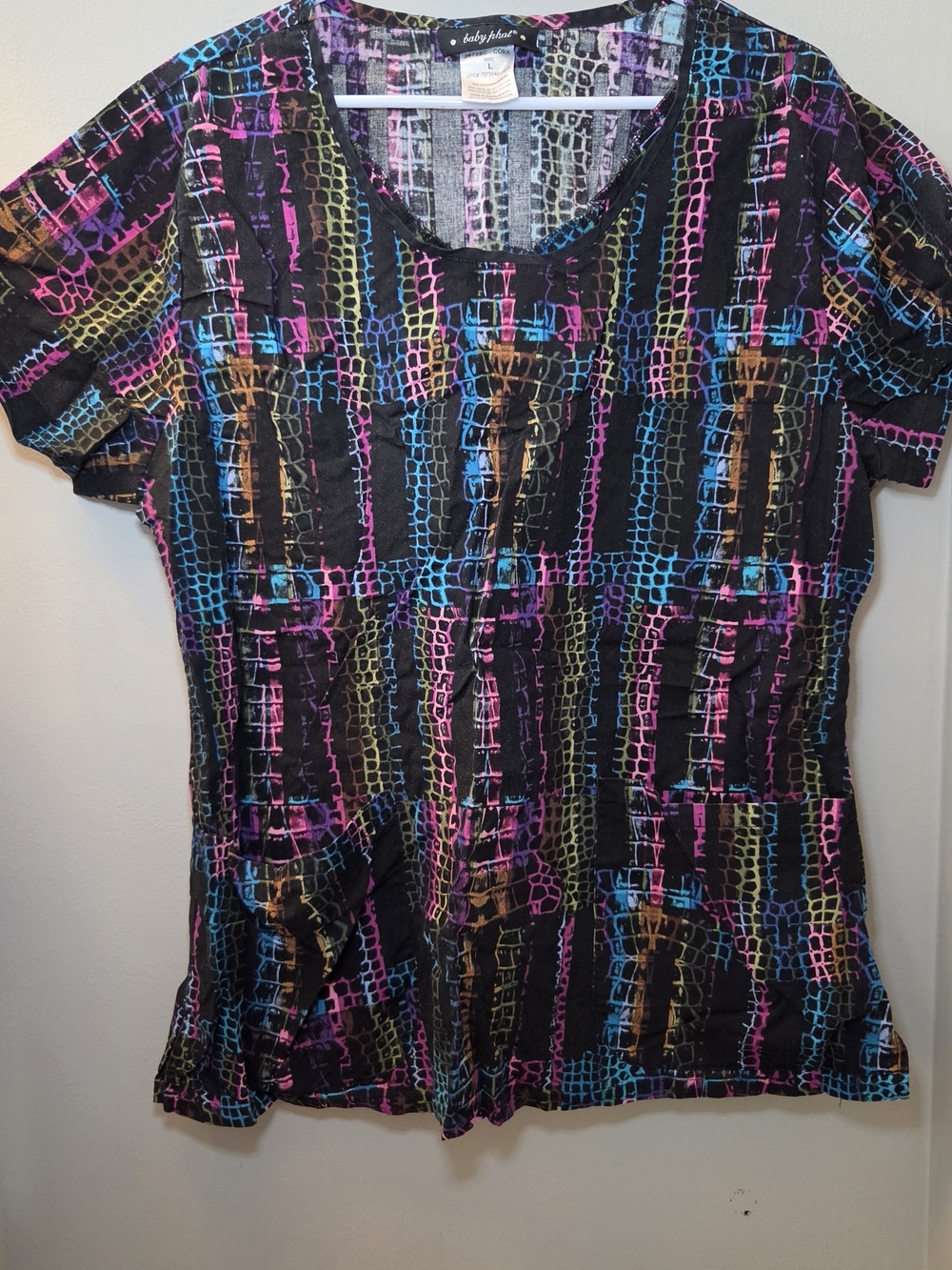 Baby Phat Black Multi-Color Short Sleeve Scrub Top Large Y2K